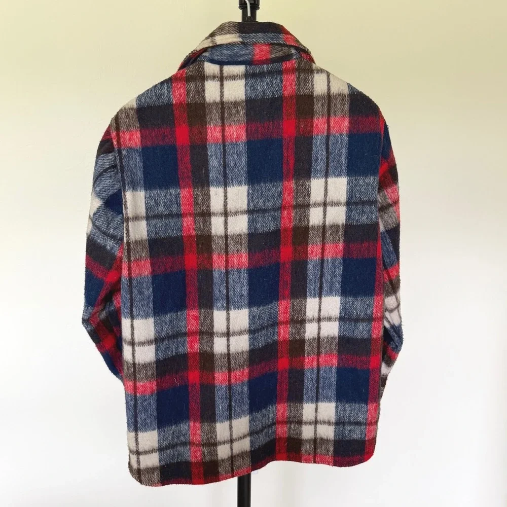 70's Mohawk CPO style Plaid‎ Shirt Jacket Red Blue Wool Blend Flannel Medium
